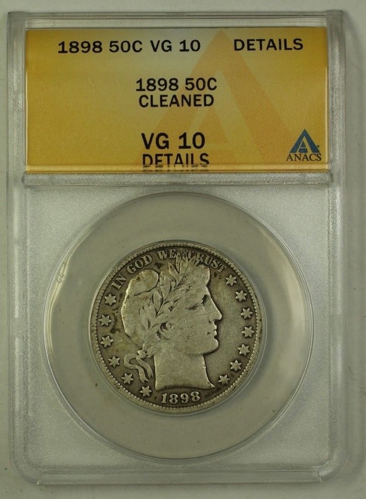 1898 Barber Half Dollar ANACS VG-10 Details Cleaned: 1898 Barber Half Dollar ANACS VG-10 Details Cleaned This 1898 US Barber Silver Half Dollar features a denomination of 50 cents and is composed of silver. Graded by ANACS as VG-10 Details, this coin ha