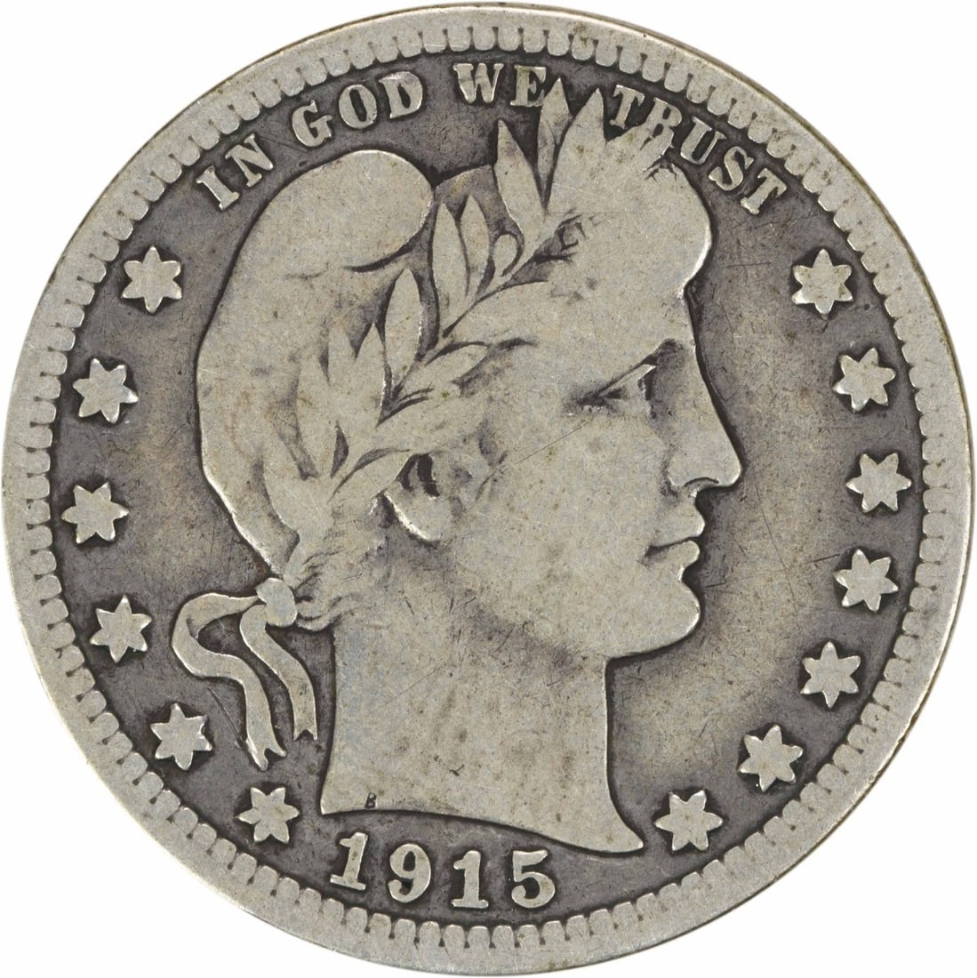 1915-S Barber Quarter 90% Silver Choice VG Uncertified: 1915-S Barber Quarter 90% Silver Choice VG Uncertified This 1915-S Barber Silver Quarter is a remarkable piece of American coinage, showcasing the artistry of designer Charles E. Barber. Struck in San