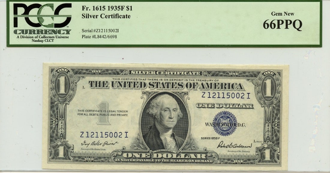 1935F $1 Silver Certificate Fr# 1615 PCGS Gem 66 PPQ Uncirculated: 1935F $1 Silver Certificate Fr# 1615 PCGS Gem 66 PPQ Uncirculated This 1935F $1 Silver Certificate, designated as Fr# 1615, is certified by PCGS Currency with a remarkable grade of Gem 66 PPQ. This un