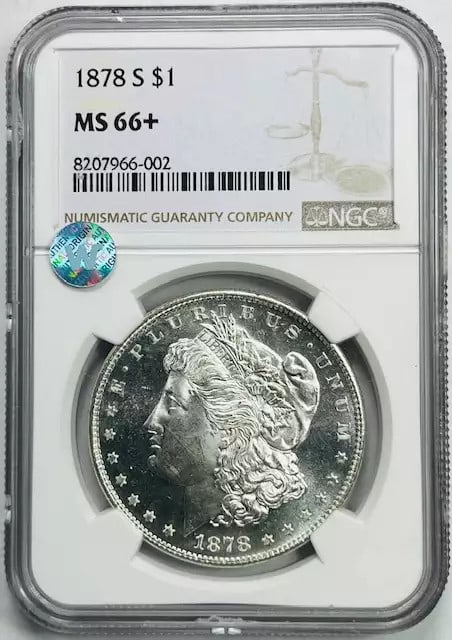 1878-S Morgan Dollar NGC MS-66+ PL Obverse: 1878-S Morgan Dollar NGC MS-66+ PL Obverse This 1878 Morgan Silver Dollar was minted in San Francisco and is graded MS-66+ by NGC. The coin features a Prooflike (PL) obverse and displays a bright, sig
