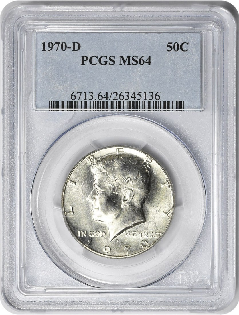 PCGS MS64 1970-D Kennedy Half Dollar Silver 50C: PCGS MS64 1970-D Kennedy Half Dollar Silver 50C This is a 1970-D Kennedy Half Dollar graded MS64 by PCGS. Struck in silver, this uncirculated coin originates from the Denver Mint and features the icon