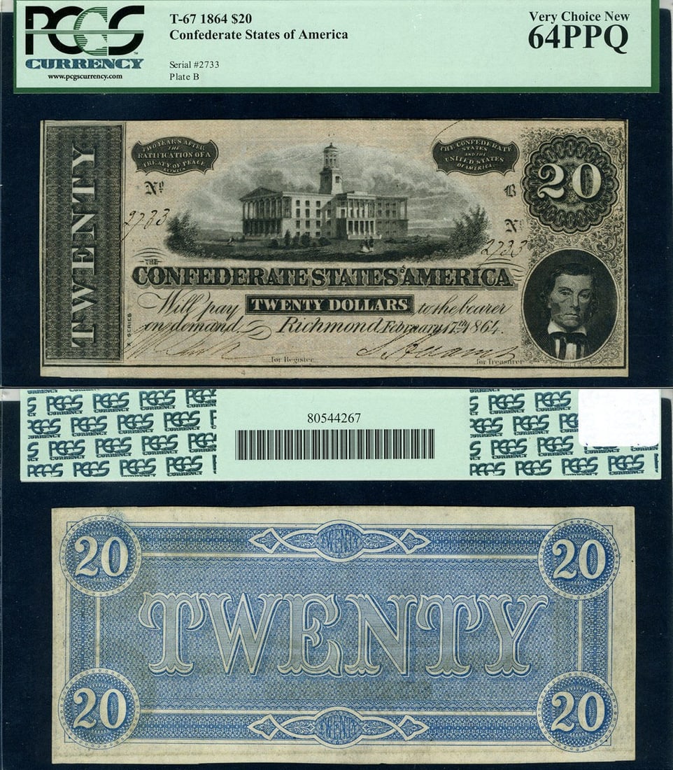 1864 Confederate $20 PCGS Choice CU64 PPQ T-67 Note (1 of 3)