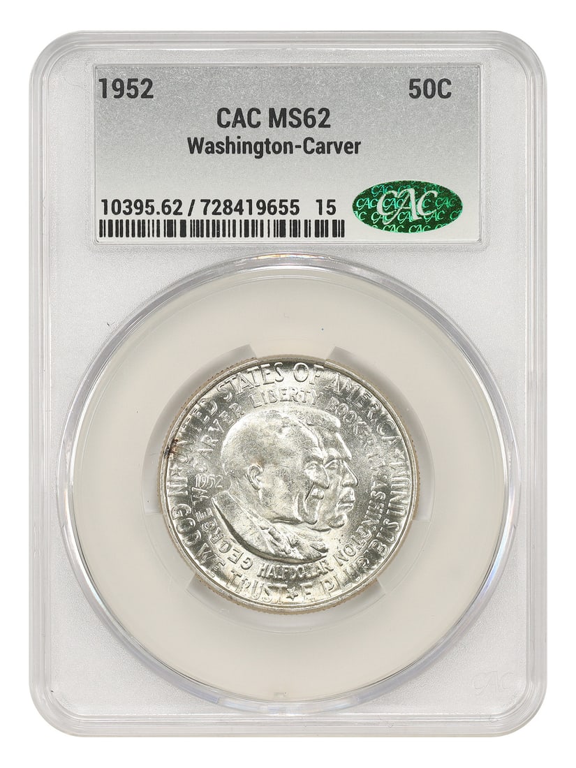 1952 Washington Carver Half Dollar CACG MS62 Silver Commemorative Coin: 1952 Washington Carver Half Dollar CACG MS62 Silver Commemorative Coin This 1952 50C Washington-Carver classic silver commemorative coin celebrates Booker T. Washington and George Washington Carver. C