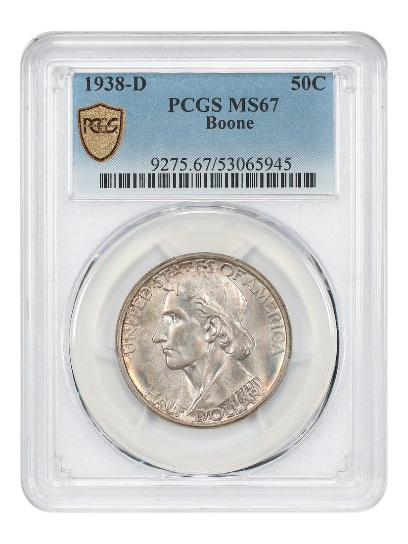 PCGS MS67 1938-D Boone 50C Silver Commemorative: PCGS MS67 1938-D Boone 50C Silver Commemorative This 1938-D Boone Classic Silver Commemorative Half Dollar is a scarce, low mintage coin, with only 2,100 pieces minted at the Denver Mint to honor the 