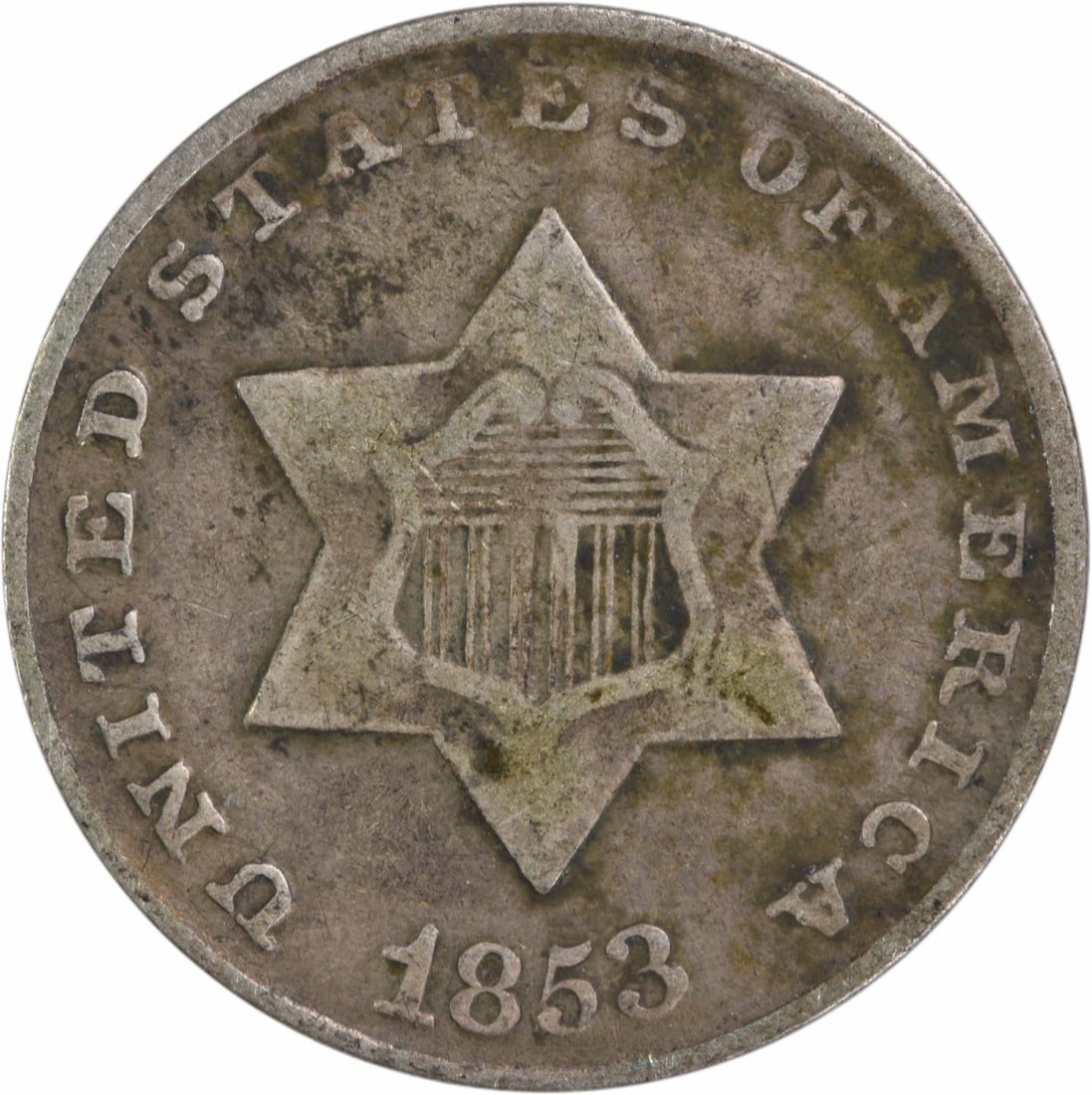 1853 Three Cent Silver Coin Uncertified F Grade: 1853 Three Cent Silver Coin Uncertified F Grade This 1853 Three Cent Silver coin, designated as Grade F, features a composition of 75% silver and 25% copper. Minted in Philadelphia, this circulated co