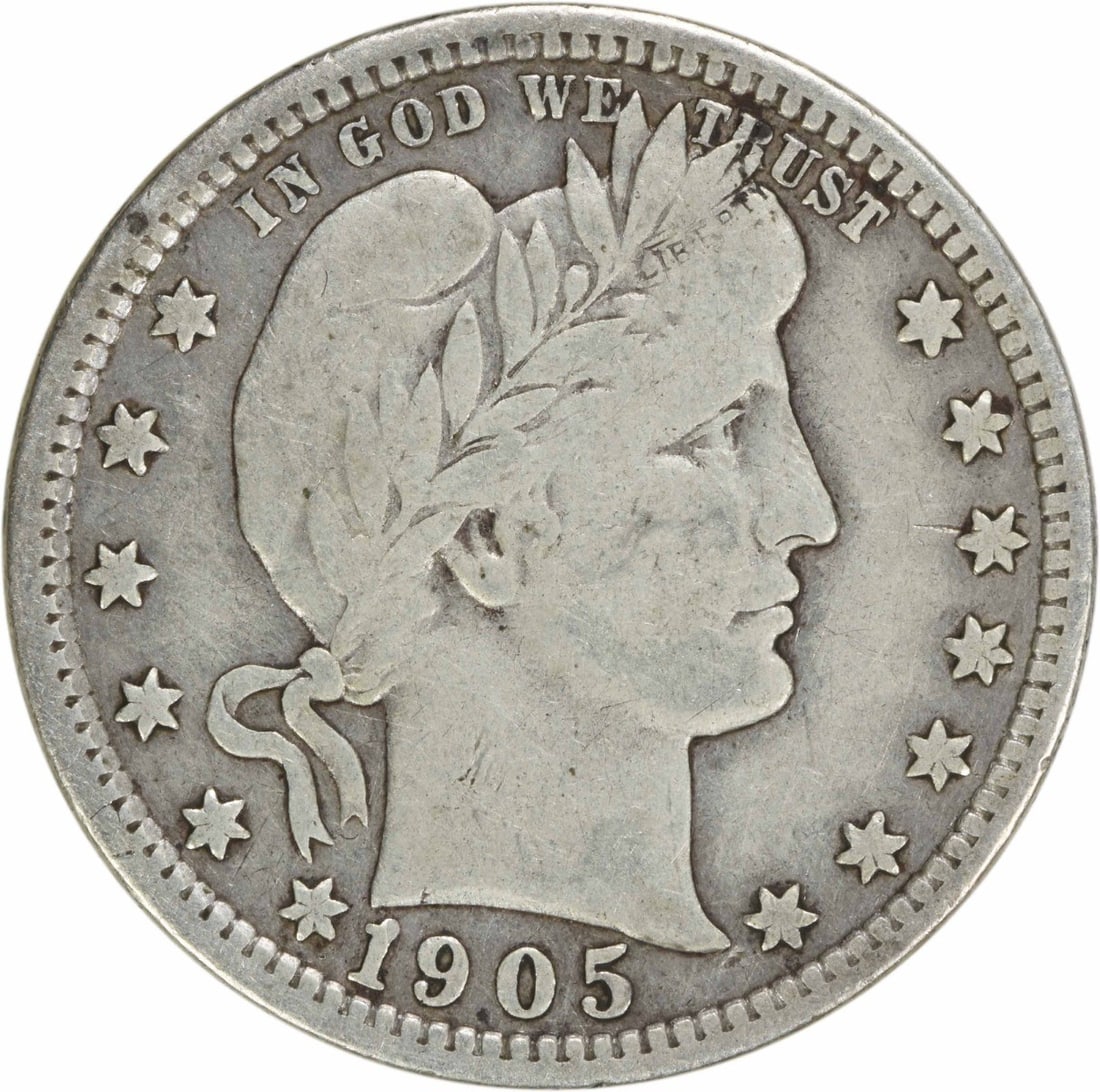 1905 Barber Quarter 25C Circulated Uncertified Silver Coin: 1905 Barber Quarter 25C Circulated Uncertified Silver Coin This 1905 Barber Silver Quarter is a notable addition for coin collectors. Originating from the United States, this coin has a denomination o