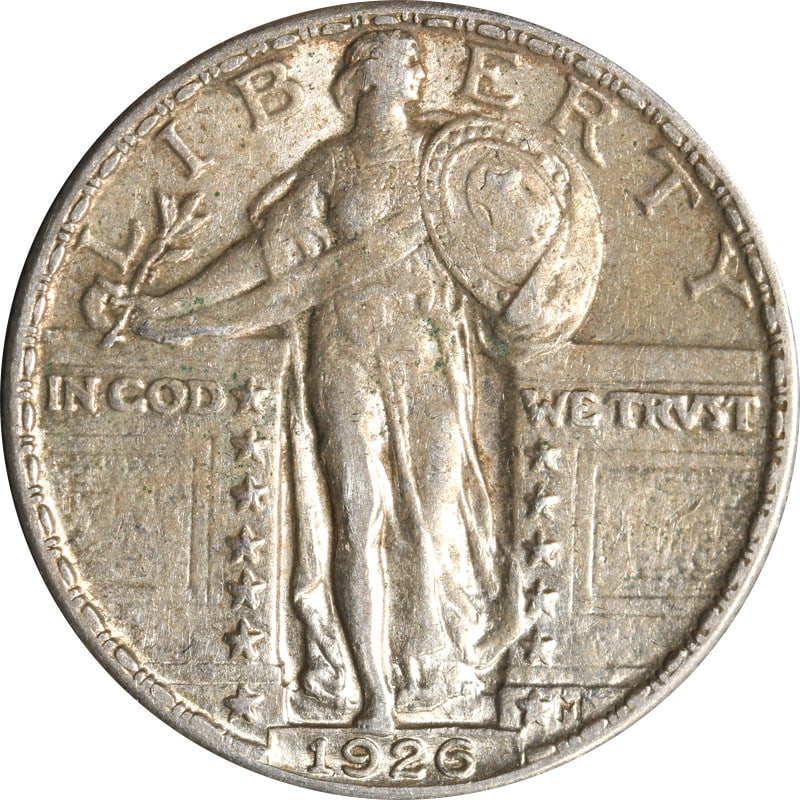 1926 Philadelphia Standing Liberty Silver Quarter: 1926 Philadelphia Standing Liberty Silver Quarter This is a 1926-P Standing Liberty Quarter from the United States. The coin is composed of silver with a fineness of 0.9 and has been circulated. It is