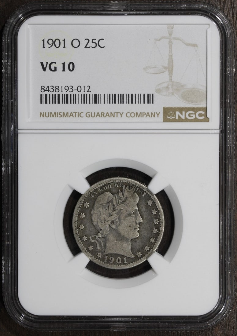 NGC VG10 1901-O Silver Barber Quarter 25C Scarce Date: NGC VG10 1901-O Silver Barber Quarter 25C Scarce Date This 1901-O Barber Quarter is a circulated silver coin graded VG 10 by NGC. Minted in New Orleans, it features the classic Barber design and is re