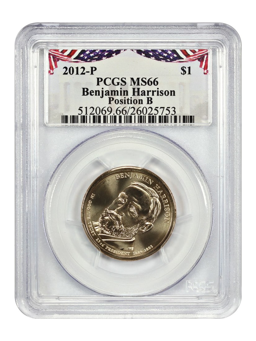 Benjamin Harrison 2012 Philadelphia MS66 Presidential Dollar PCGS Position B: Benjamin Harrison 2012 Philadelphia MS66 Presidential Dollar PCGS Position B This 2012-P Benjamin Harrison $1 coin is part of the Presidential Dollars series. Graded MS66 by PCGS, it was struck at the