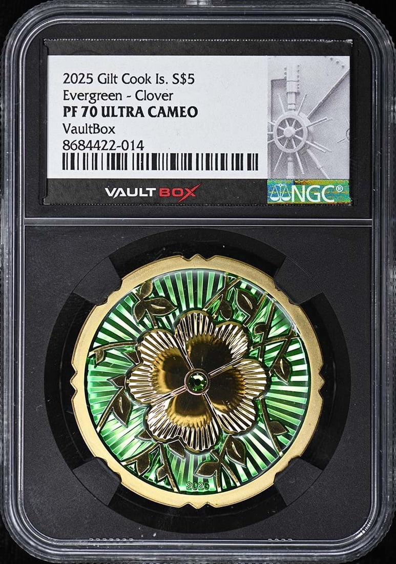 2025 Gilt Clover S5 NGC PR70UC: 2025 Gilt Clover S5 NGC PR70UC This is a 2025 Cook Islands $5 Evergreen Clover coin with a gilt finish. The coin is graded PR70 Ultra Cameo by NGC, indicating a flawless proof condition. It is uncircu