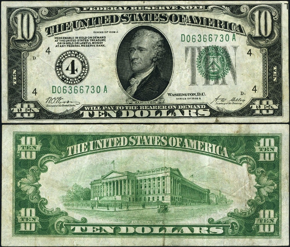 1928-A $10 Federal Reserve Note Cleveland D-A Block VF Plus: 1928-A $10 Federal Reserve Note Cleveland D-A Block VF Plus This is a 1928-A $10 Federal Reserve Note from the Cleveland district, D-A Block. The note is circulated and graded VF+ (Very Fine Plus), di