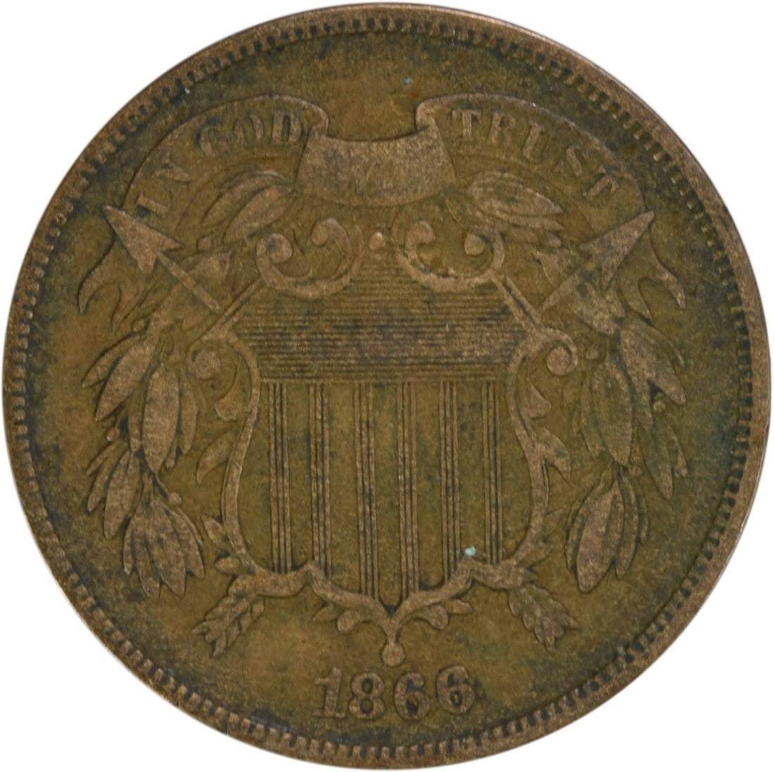 1866 United States 2C Coin VF Uncertified: 1866 United States 2C Coin VF Uncertified This is an 1866 United States Two Cent Piece with a Very Fine (VF) grade. The coin is circulated and uncertified, featuring the denomination of 2 cents. It wa