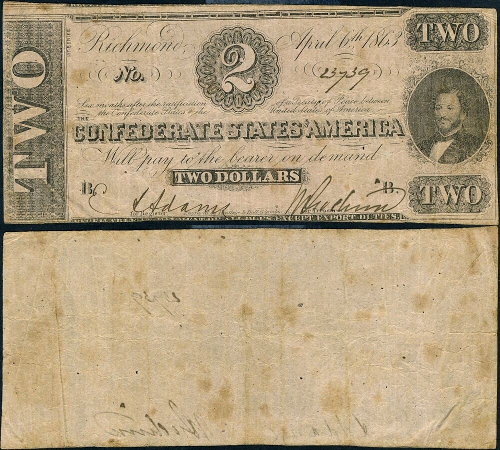 1863 Richmond VA Confederate $2 Note T-61 CR-470 VF (1 of 3)