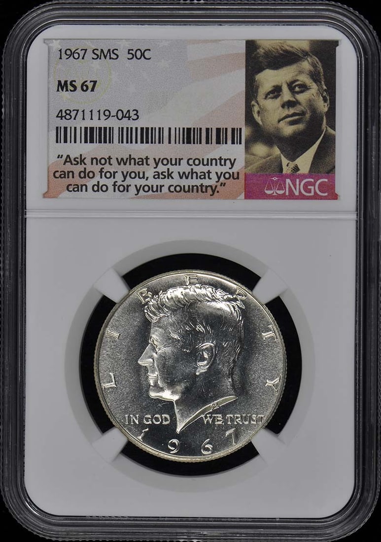1967 Kennedy Half Dollar NGC MS67 Philadelphia Coin: 1967 Kennedy Half Dollar NGC MS67 Philadelphia Coin This 1967 SMS Kennedy Half Dollar is certified by NGC with a remarkable grade of MS67, indicating it is in uncirculated condition. Struck at the Phi