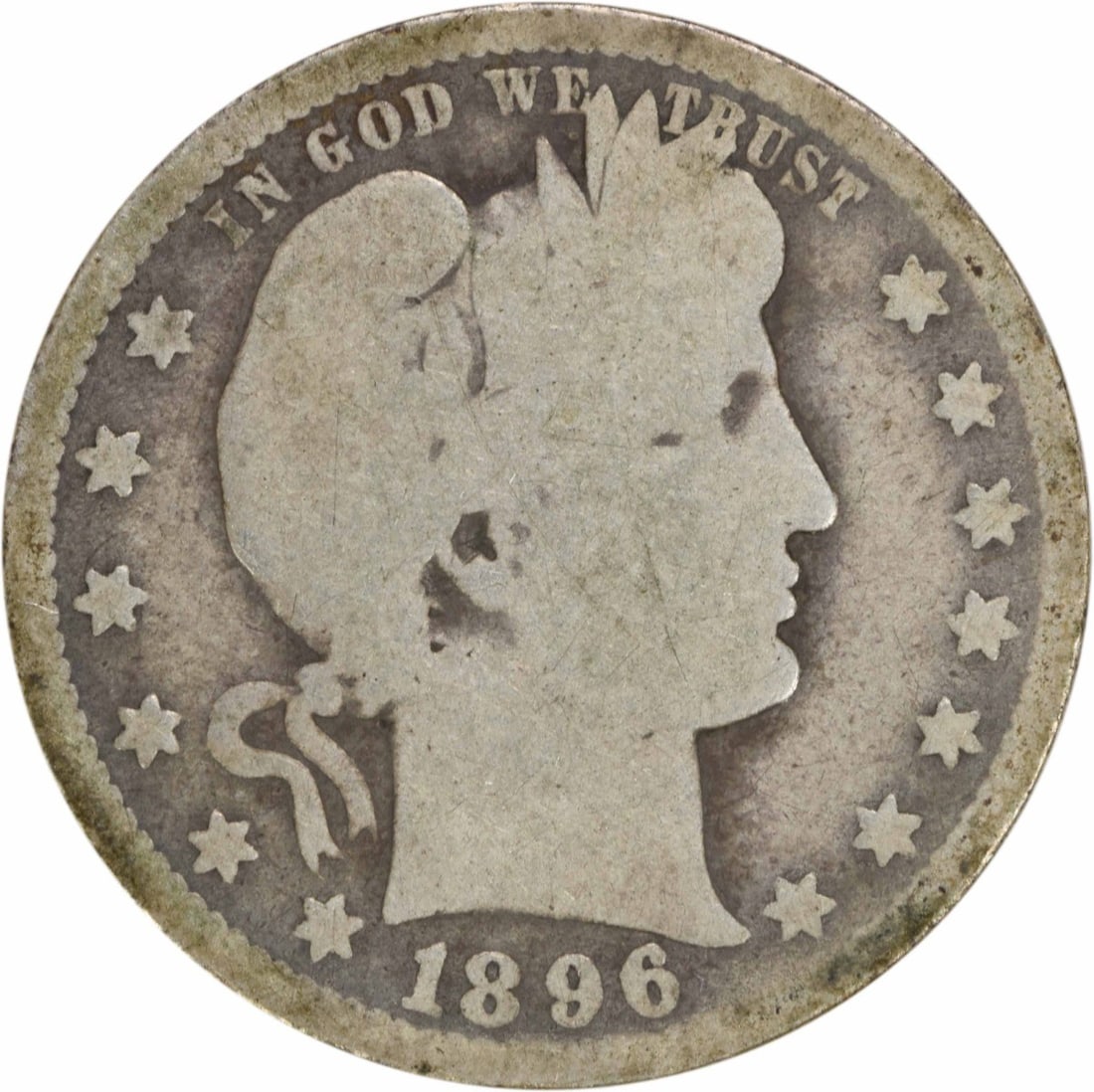 1896-O Barber Quarter 25C Uncertified Silver Coin: 1896-O Barber Quarter 25C Uncertified Silver Coin This 1896-O Barber Silver Quarter is a historical piece from the United States, featuring the renowned design by Charles E. Barber. The coin is classi