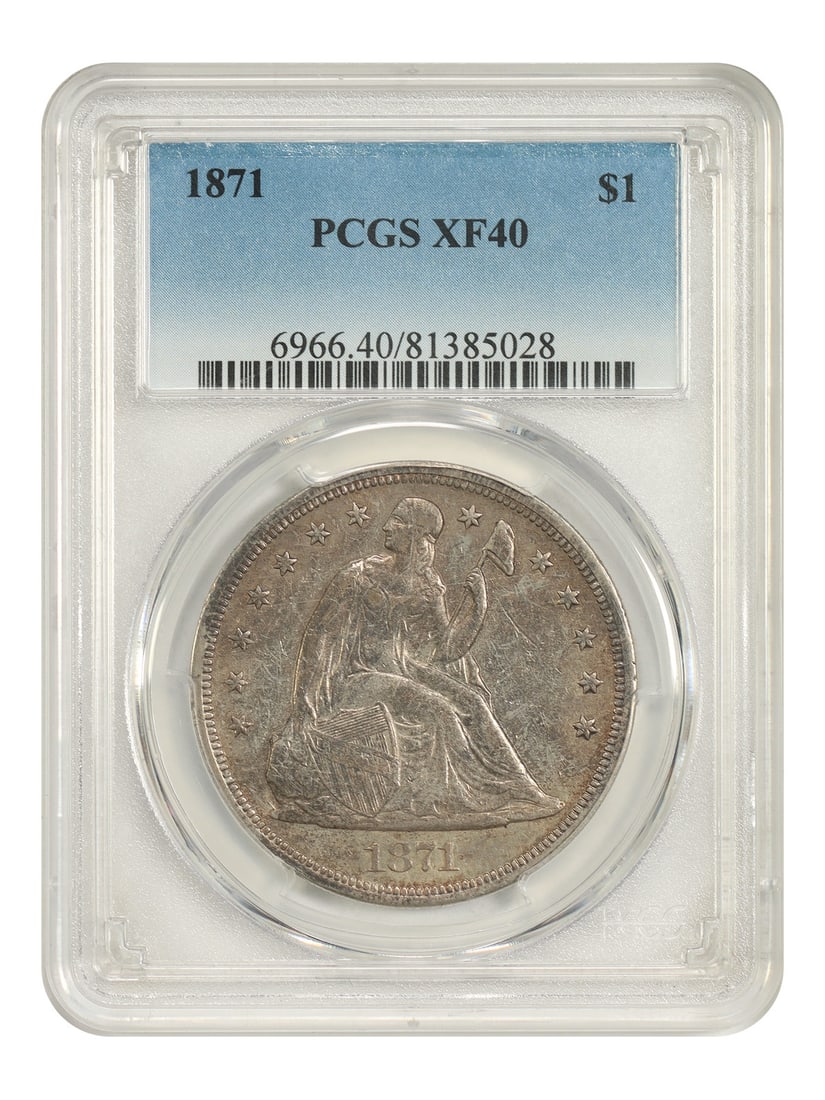 PCGS XF40 1871 Philadelphia Seated Liberty Dollar: PCGS XF40 1871 Philadelphia Seated Liberty Dollar This 1871 Liberty Seated Dollar is a circulated coin graded XF40 by PCGS. It was minted in Philadelphia and features moderate toning with light luster