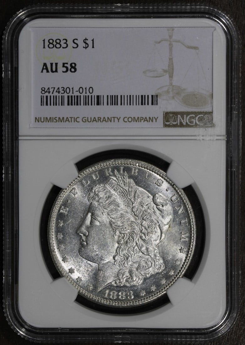 NGC AU58 1883-S Morgan Silver Dollar Key Date: NGC AU58 1883-S Morgan Silver Dollar Key Date This 1883-S Morgan Silver Dollar is a circulated coin graded AU 58 by NGC. Minted in San Francisco, it features a silver composition with a fineness of 0.