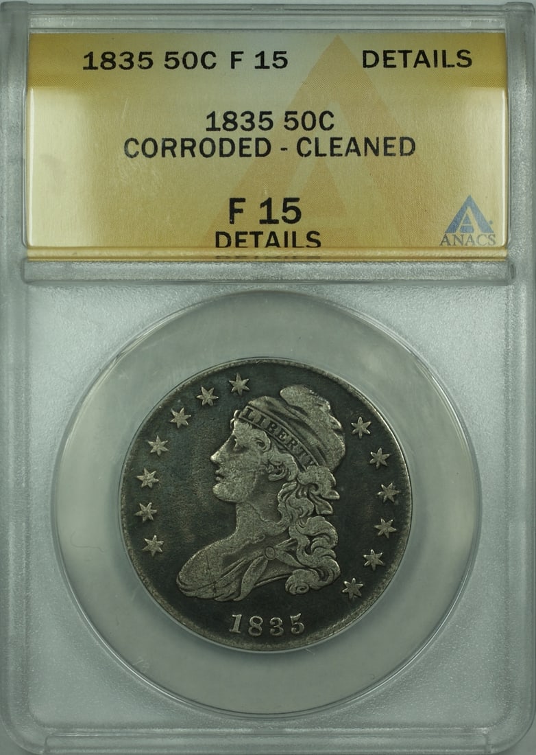 1835 Capped Bust 50C Silver Coin ANACS F-15 Details Issue: 1835 Capped Bust 50C Silver Coin ANACS F-15 Details Issue This is an 1835 Capped Bust silver half dollar coin, certified by ANACS with a grade of F-15 Details. The coin is circulated and has been note