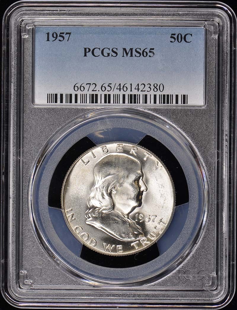 PCGS MS65 1957 Philadelphia Franklin Half Dollar: PCGS MS65 1957 Philadelphia Franklin Half Dollar This is a 1957 Franklin Half Dollar graded MS65 by PCGS. The coin is uncirculated and was minted in Philadelphia. It is a pre-owned collectible. Specif