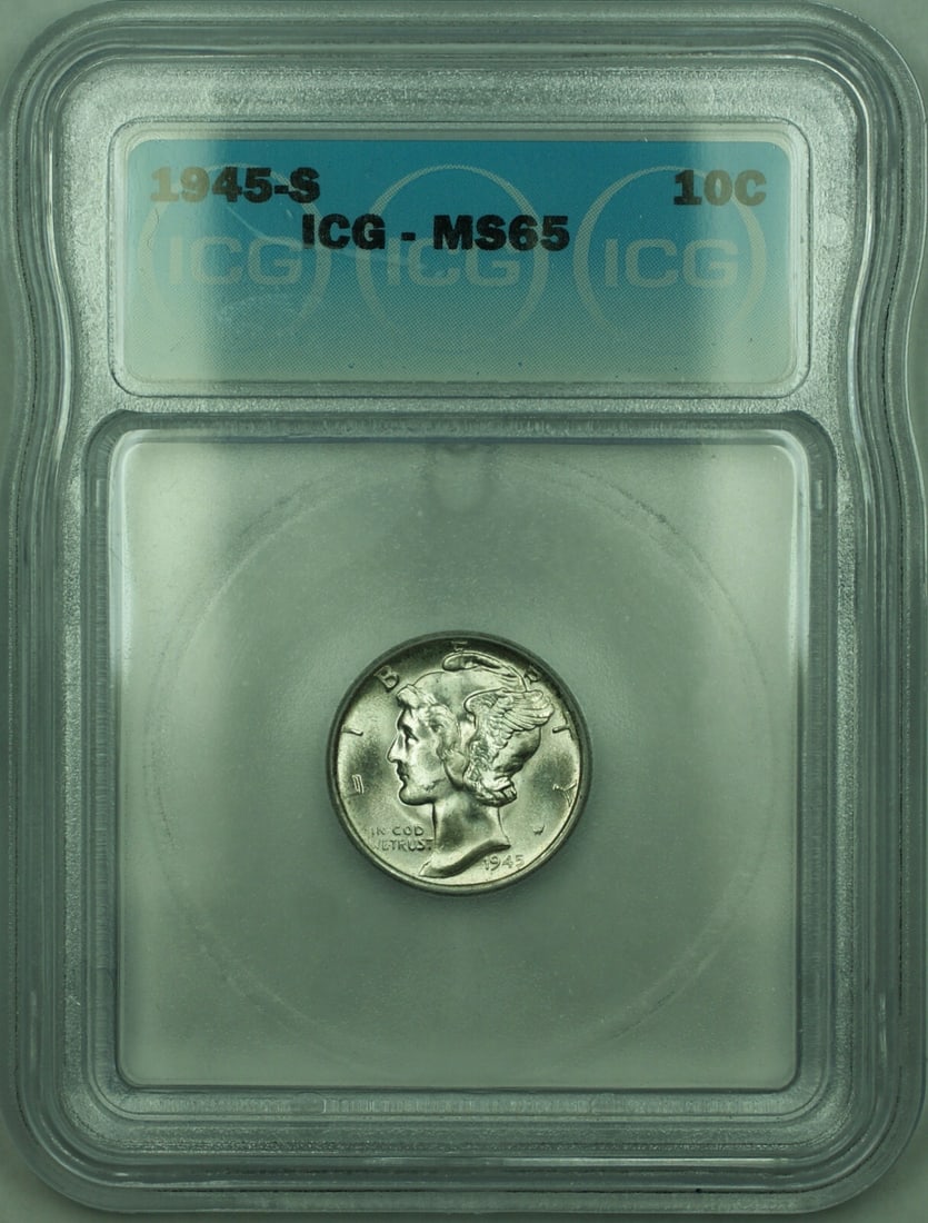 ICG MS-65 Graded 1945-S Silver 10 Cent Mercury Dime: ICG MS-65 Graded 1945-S Silver 10 Cent Mercury Dime This is a 1945-S Mercury Silver Dime graded MS-65 by ICG. The coin is uncirculated and composed of 90% silver. Minted in San Francisco, it features 