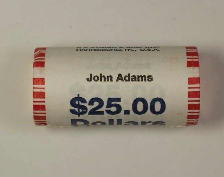 Roll of 25 Uncirculated 2007 John Adams Presidential Dollars OBW Mint Mark Unknown: Roll of 25 Uncirculated 2007 John Adams Presidential Dollars OBW Mint Mark Unknown This is a roll of 25 uncirculated 2007 John Adams Presidential $1 coins in original bank wrapping. The mint mark is u