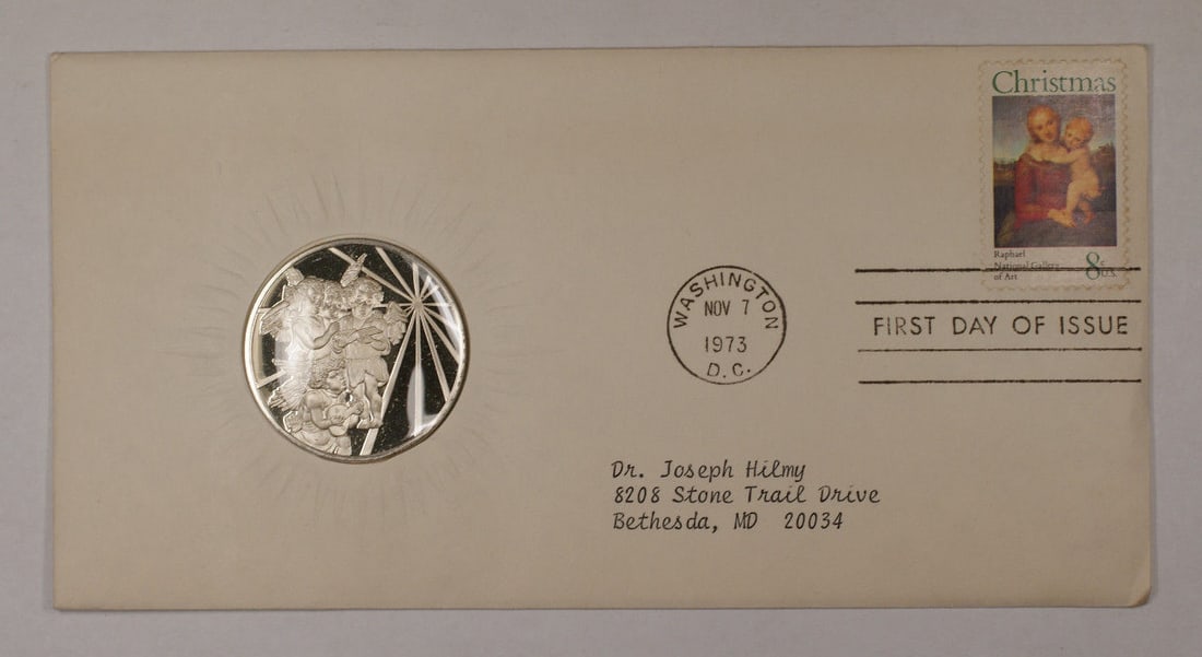 Sterling Silver 1973 Postmasters of America Christmas Commemorative Medal: Sterling Silver 1973 Postmasters of America Christmas Commemorative Medal This 1973 Postmasters of America Commemorative Medal was issued for Christmas 1973. Struck in sterling silver by the Franklin 