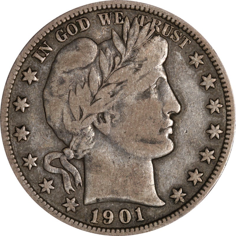1901 P Barber silver half dollar: 1901 P Barber silver half dollar This 1901-P Barber Half Dollar is a circulated silver coin from the United States. It features a fineness of 0.9 and is classified as pre-owned. The coin is uncertifie