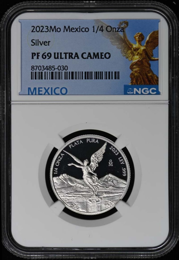 2023 Mexico Silver 1 4 Onza NGC PR69DCAM: 2023 Mexico Silver 1 4 Onza NGC PR69DCAM This 2023Mo Mexico Silver 1/4 Onza coin is graded PR69DCAM by NGC, indicating a near-perfect proof quality. The coin is uncirculated and comes from Mexico, mak