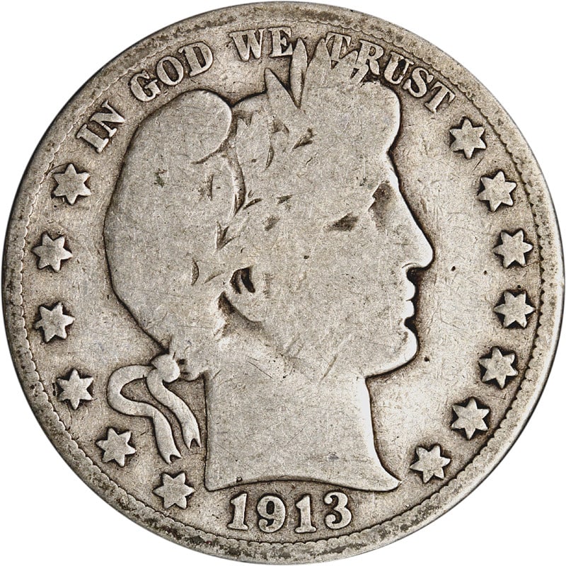 1913 Silver Half Dollar Philadelphia Mint United States Coin: 1913 Silver Half Dollar Philadelphia Mint United States Coin This 1913-P Barber Half Dollar is a circulated coin minted in Philadelphia. Crafted from silver, it originates from the United States and i