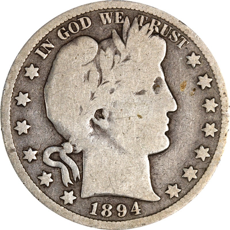 1894 San Francisco Barber Half Dollar Silver Coin: 1894 San Francisco Barber Half Dollar Silver Coin This is an 1894-S Barber Half Dollar from the United States, composed of silver with a fineness of 0.9. The coin is in circulated condition and is unc