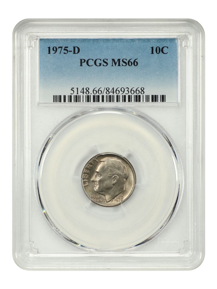 PCGS MS66 1975-D Roosevelt Dime: PCGS MS66 1975-D Roosevelt Dime This is a 1975 Roosevelt Dime with a denomination of 10 cents, minted in Denver. The coin is graded MS66 by PCGS, indicating it is in uncirculated condition. It belongs