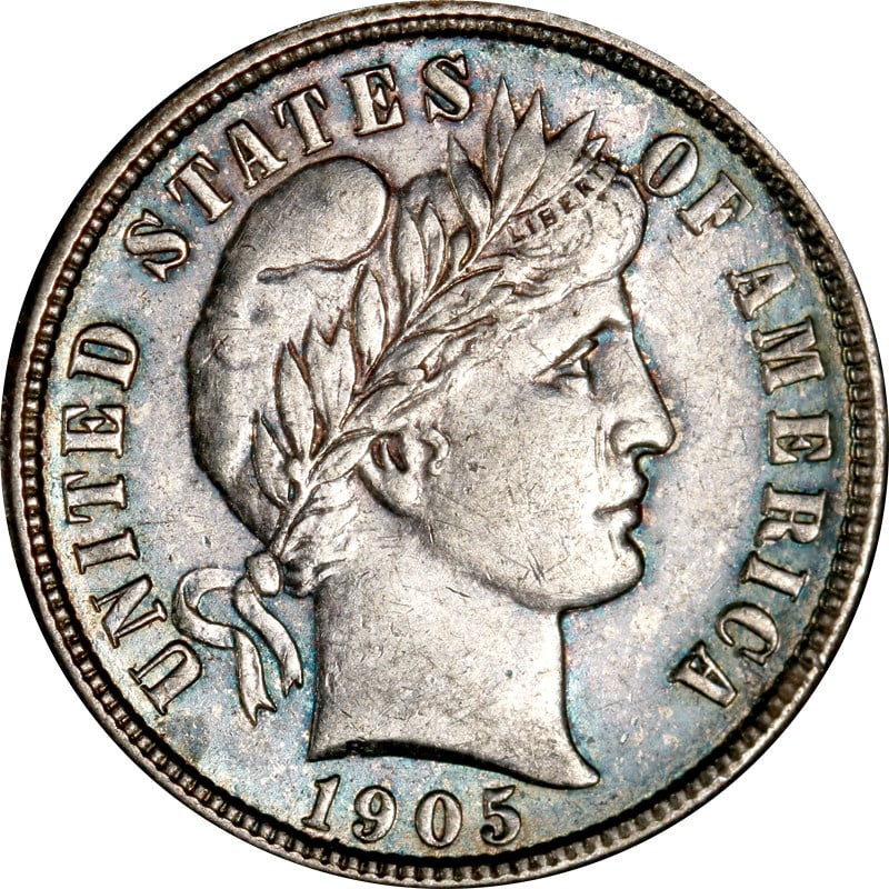 1905 S Silver Barber Dime: 1905 S Silver Barber Dime This 1905-S Barber Dime is a circulated coin from the United States, minted in San Francisco. Composed of 90% silver, it is an example of early 20th-century American coinage.