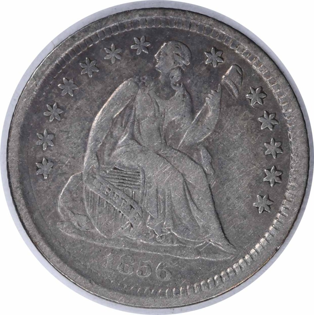 1856 Liberty Seated Half Dime 90% Silver VF Uncertified: 1856 Liberty Seated Half Dime 90% Silver VF Uncertified This 1856 Liberty Seated Silver Half Dime features a design by Christian Gobrecht and is composed of 90% silver and 10% copper, making it a valu
