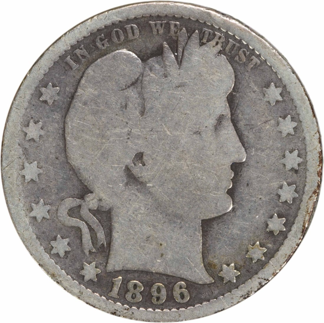 1896-O Barber Silver Quarter 25C G Uncertified New Orleans: 1896-O Barber Silver Quarter 25C G Uncertified New Orleans This 1896-O Barber Silver Quarter is a notable piece from the United States, featuring a design by Charles E. Barber. It is a circulated coin