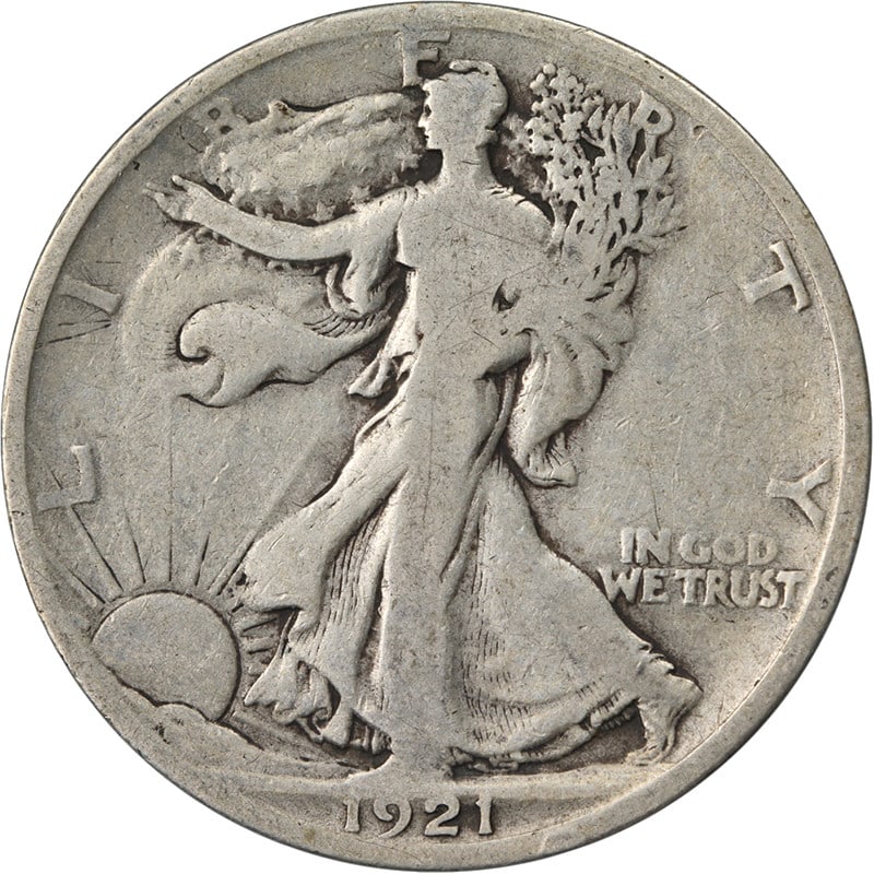 1921-D Walking Liberty Half Dollar Silver Key Date G VG Details: 1921-D Walking Liberty Half Dollar Silver Key Date G VG Details This 1921-D Walking Liberty Half Dollar is a circulated silver coin from the United States, featuring a key date with decent eye appeal 