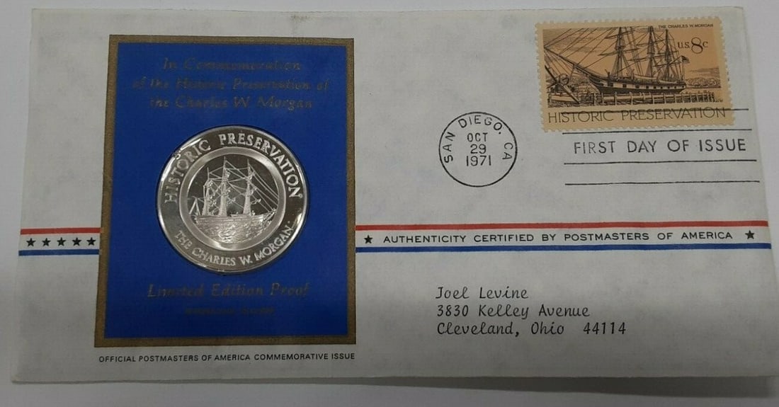 Franklin Mint 1971 Charles W Morgan sterling silver medal: Franklin Mint 1971 Charles W Morgan sterling silver medal This 1971 Postmasters of America commemorative silver medal honors the historic preservation of the whaling ship, Charles W. Morgan. Struck in
