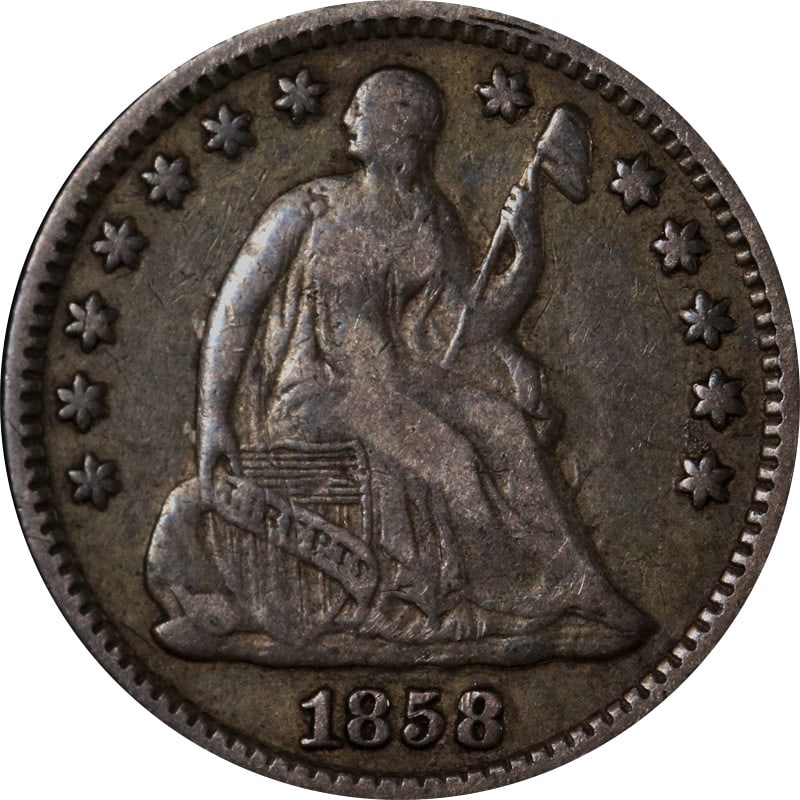 1858 Philadelphia Silver Seated Liberty Half Dime United States Coin: 1858 Philadelphia Silver Seated Liberty Half Dime United States Coin This 1858-P Seated Liberty Half Dime is a circulated coin struck in silver at the Philadelphia Mint. It is an original piece from t