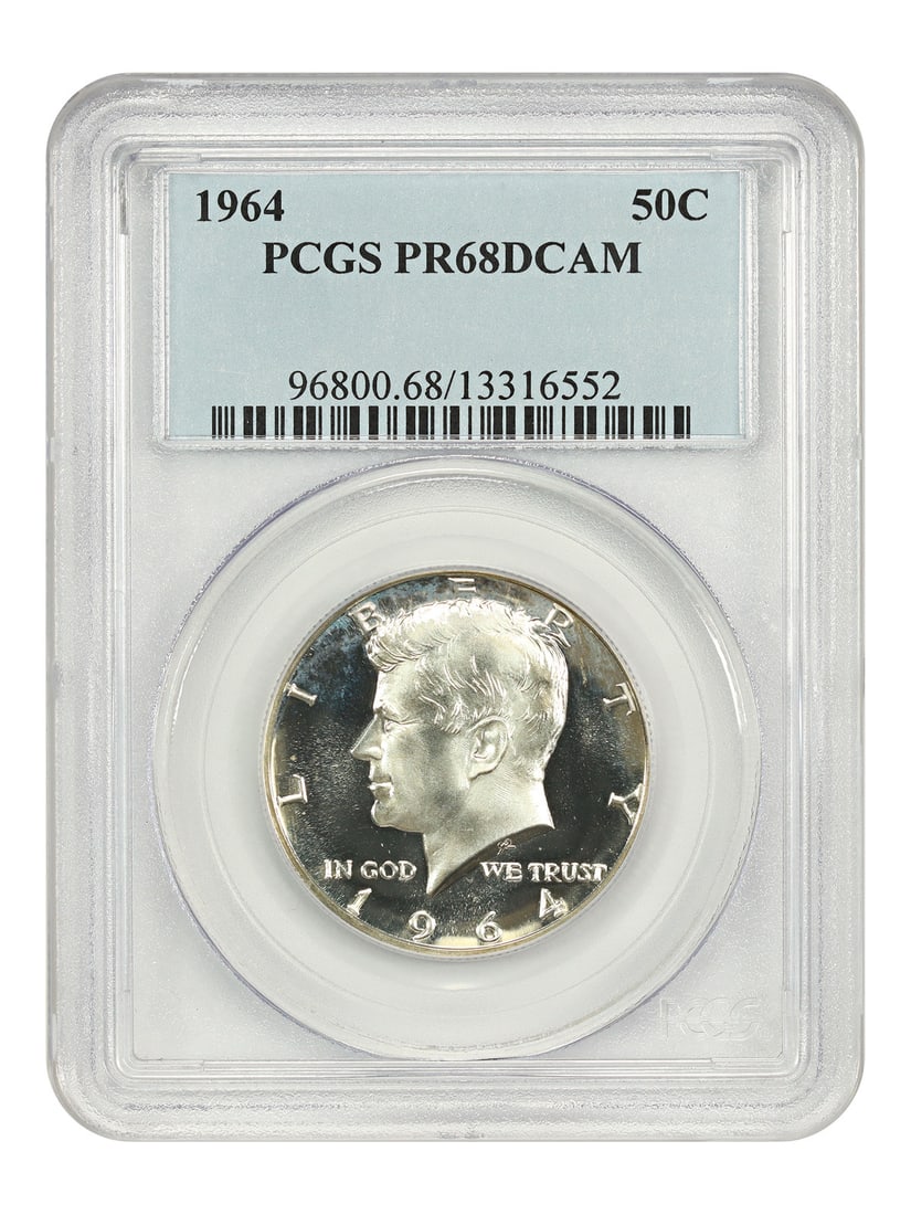 PCGS PR68DCAM 1964 Kennedy Half Dollar 50C: PCGS PR68DCAM 1964 Kennedy Half Dollar 50C This 1964 Kennedy Half Dollar features a denomination of 50 cents and was minted in Philadelphia. Graded PR68DCAM by PCGS, it is an uncirculated coin in pre-