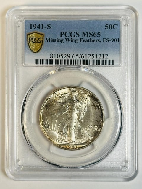 PCGS MS-65 1941 Walking Liberty Half Dollar FS-901: PCGS MS-65 1941 Walking Liberty Half Dollar FS-901 This 1941 Walking Liberty Half Dollar is graded MS-65 by PCGS and features the FS-901 variety with missing wing feathers. The coin is composed of sil