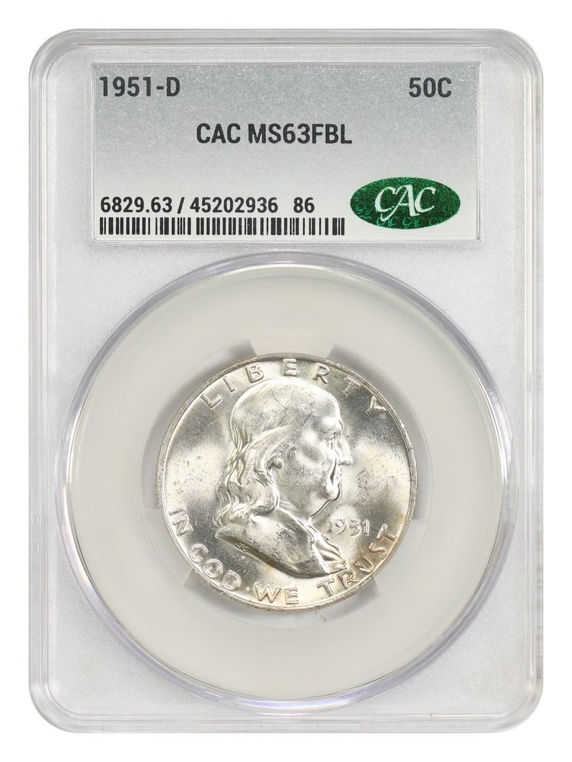 CACG MS63FBL 1951-D Franklin Half Dollar: CACG MS63FBL 1951-D Franklin Half Dollar This is a 1951-D Franklin Half Dollar graded MS63FBL by CACG. The coin is uncirculated and features the Full Bell Lines designation, indicating strong strike q