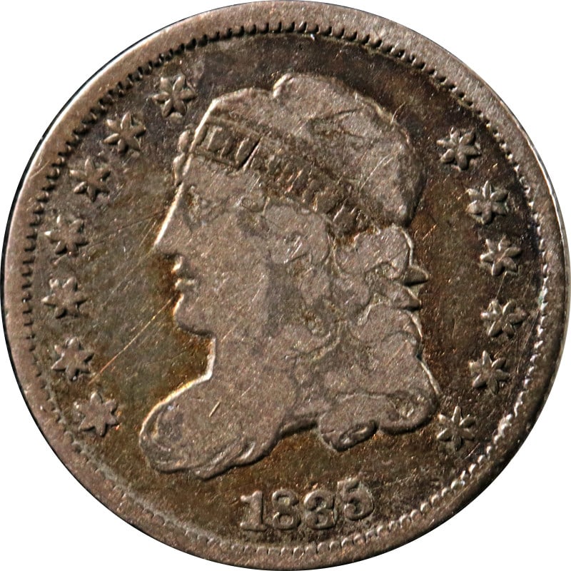 1835 United States Silver Bust Half Dime: 1835 United States Silver Bust Half Dime This 1835 Bust Half Dime from the United States is composed of silver and is a circulated pre-owned coin. It is an uncertified piece, offering collectors an ex