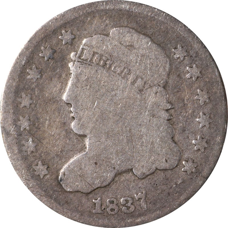 Silver Half Dime United States 1837 Bust Design Circulated Coin: Silver Half Dime United States 1837 Bust Design Circulated Coin This is an 1837 Bust Half Dime from the United States. The coin is composed of silver and has been circulated. It is uncertified and is 
