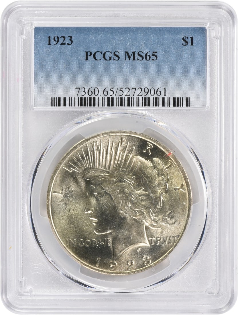 1923 Peace Silver Dollar MS65 Uncirculated PCGS Certified: 1923 Peace Silver Dollar MS65 Uncirculated PCGS Certified This 1923 Peace Silver Dollar, graded MS65 by PCGS, showcases exceptional quality and detail. Struck in Philadelphia, this coin features a com