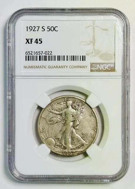 1927-S Walking Liberty Half Dollar NGC XF-45: 1927-S Walking Liberty Half Dollar NGC XF-45 This 1927 Walking Liberty Half Dollar is graded XF-45 by NGC, indicating it is in Extra Fine condition with moderate wear and strong detail. Minted in San 