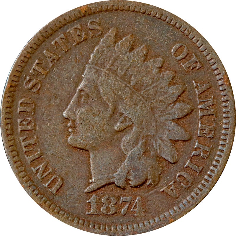 1874 United States Indian Head Copper Cent: 1874 United States Indian Head Copper Cent This 1874 Indian Cent is a circulated coin composed of copper and originates from the United States. It is offered in pre-owned condition and is not certifie
