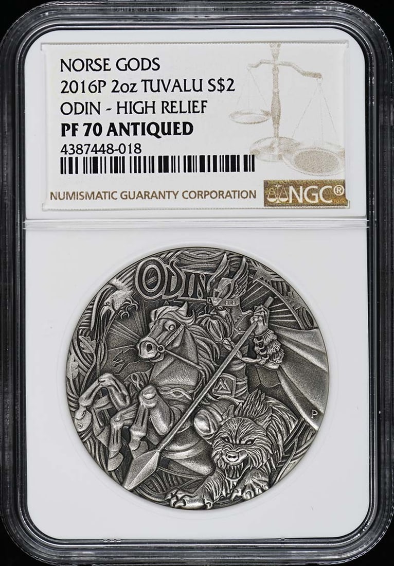 2016 Tuvalu Odin 2oz Coin NGC PR70 High Relief S$2: 2016 Tuvalu Odin 2oz Coin NGC PR70 High Relief S$2 This 2016 Tuvalu Odin coin features a high relief design and is graded PR70 by NGC, signifying its exceptional quality. As an uncirculated piece, it 