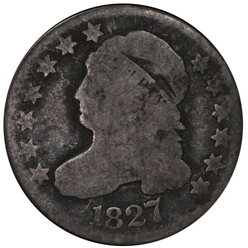 1827 Bust Dime Silver Pointed Top Nice G Eye Appeal: 1827 Bust Dime Silver Pointed Top Nice G Eye Appeal This 1827 Bust Dime features a pointed top design and exhibits nice eye appeal with honest, even wear. Certified as circulating and graded as Nice G