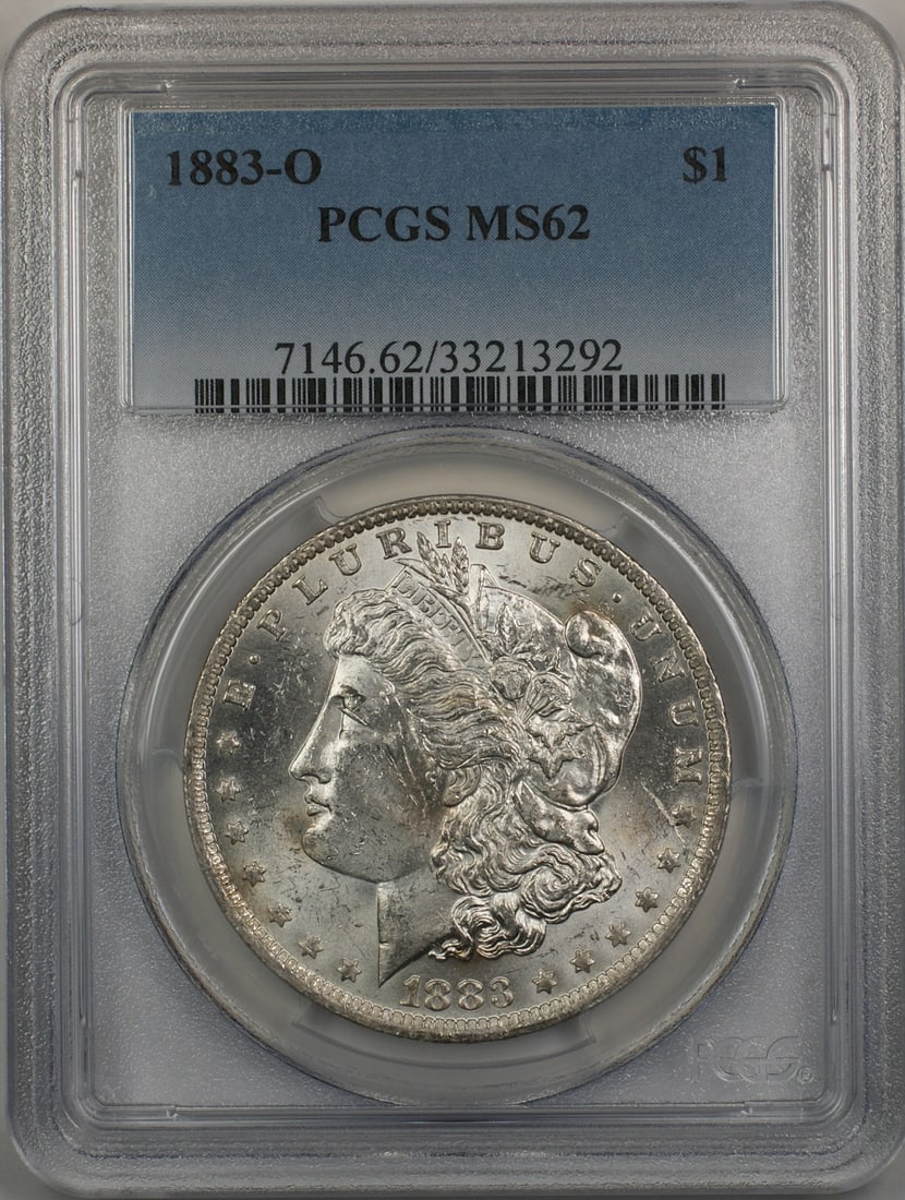 PCGS MS62 1883-O Morgan silver dollar: PCGS MS62 1883-O Morgan silver dollar This 1883-O Morgan Silver Dollar is a United States coin graded MS-62 by PCGS. Struck in New Orleans, it is composed of silver and remains uncirculated. The coin 