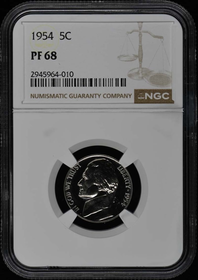 1954 Jefferson Nickel Proof NGC PR68 Philadelphia Mint: 1954 Jefferson Nickel Proof NGC PR68 Philadelphia Mint This 1954 Jefferson Nickel is a remarkable uncirculated coin, certified by NGC with a high grade of PR68. Struck in Philadelphia, this proof coin
