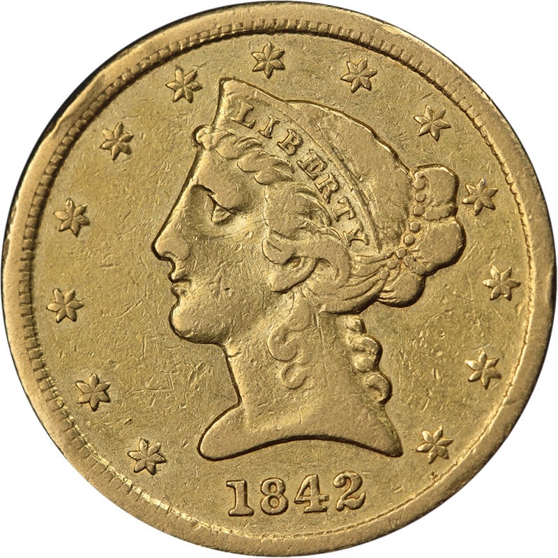 1842 P Liberty Head $5 Gold Small Letters Choice XF+ (1 of 2)